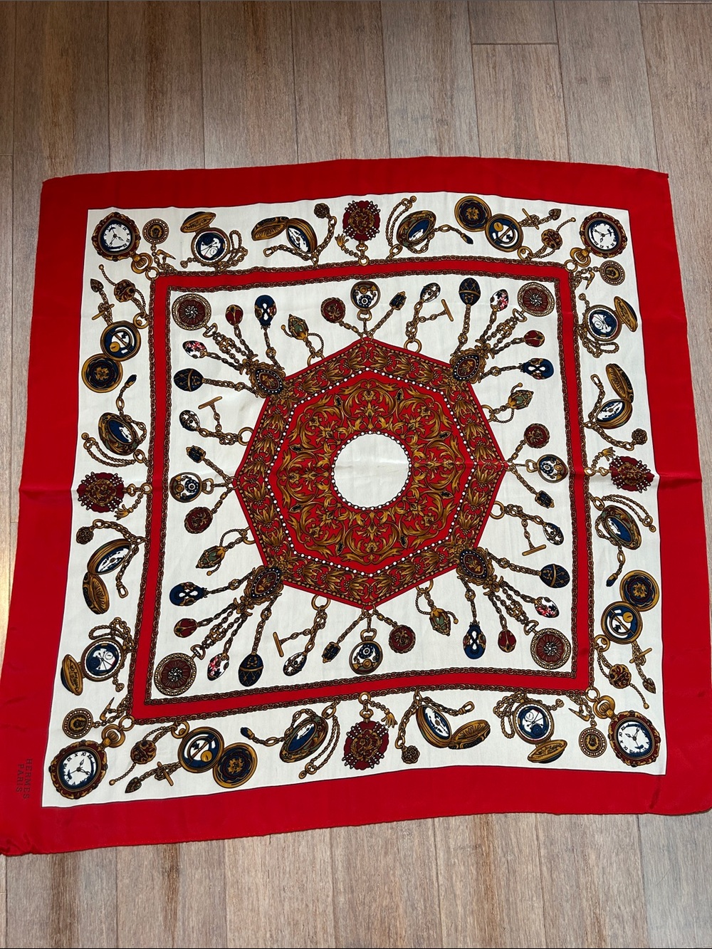 Hermes Red and Cream Vintage-Style Medallion Silk Scarf made in France